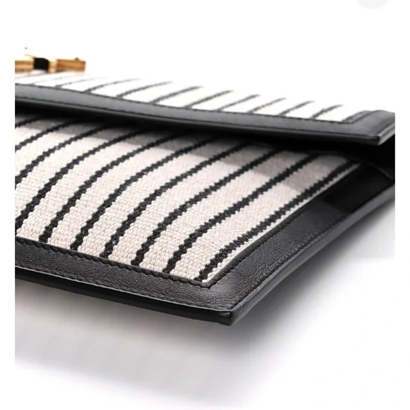 Yves Saint Laurent Uptown Canvas Striped Clutch Cream Black YSL Gold Hardware - Picture 7 of 14